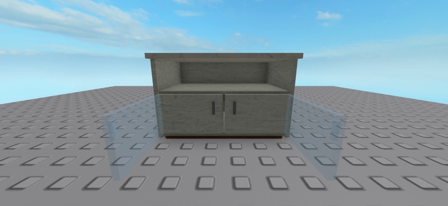 Cabinet with two translucent open-door previews: the left preview pivots at the outside left edge, and the right preview pivots at the outside right edge. The solid doors show their original closed positions.