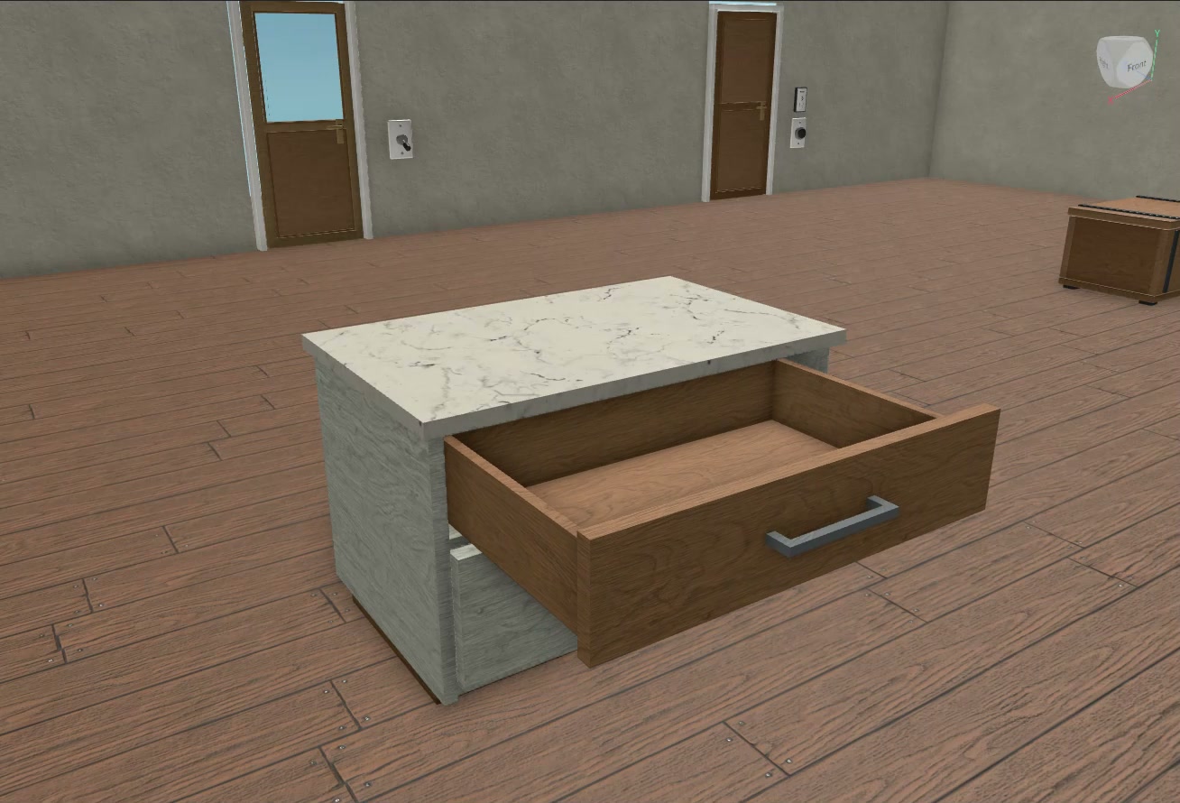 A complete tray with room to extend in front of the cabinet.