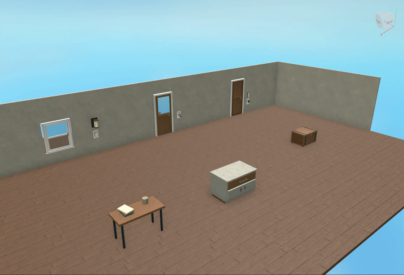 Current practice room. Independent doors, drawers, lights and a movable prop.