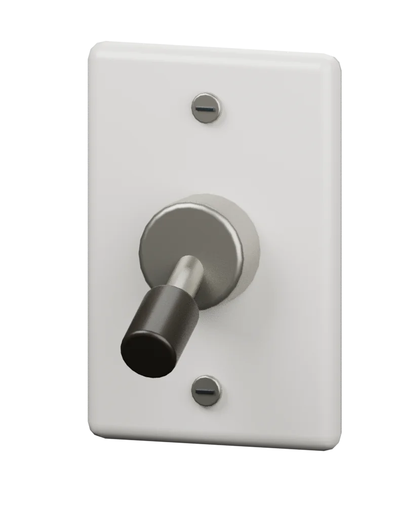 Model preview. Lever Switch, rest pose. Fixed housings stay separate from moving controls.