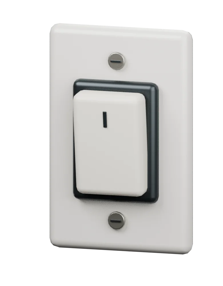 Model preview. Rocker Switch, rest pose. Fixed housings stay separate from moving controls.