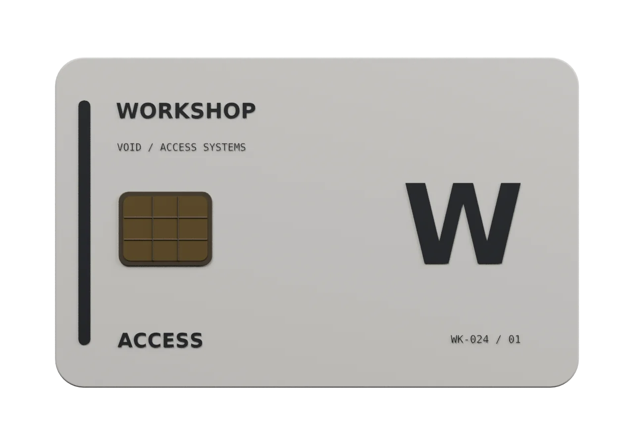 Model preview. Workshop card front with contact chip and fictional workshop identity.