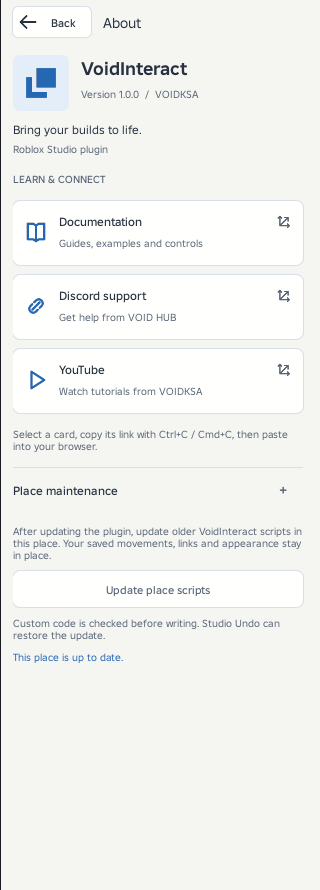 Current About panel with resource cards and expanded Place maintenance. Update place scripts is disabled because this place is up to date.