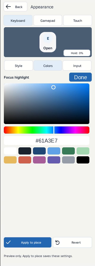 The integrated picker edits the selected color while keeping the live preview visible. Review text contrast and the hold highlight before saving.