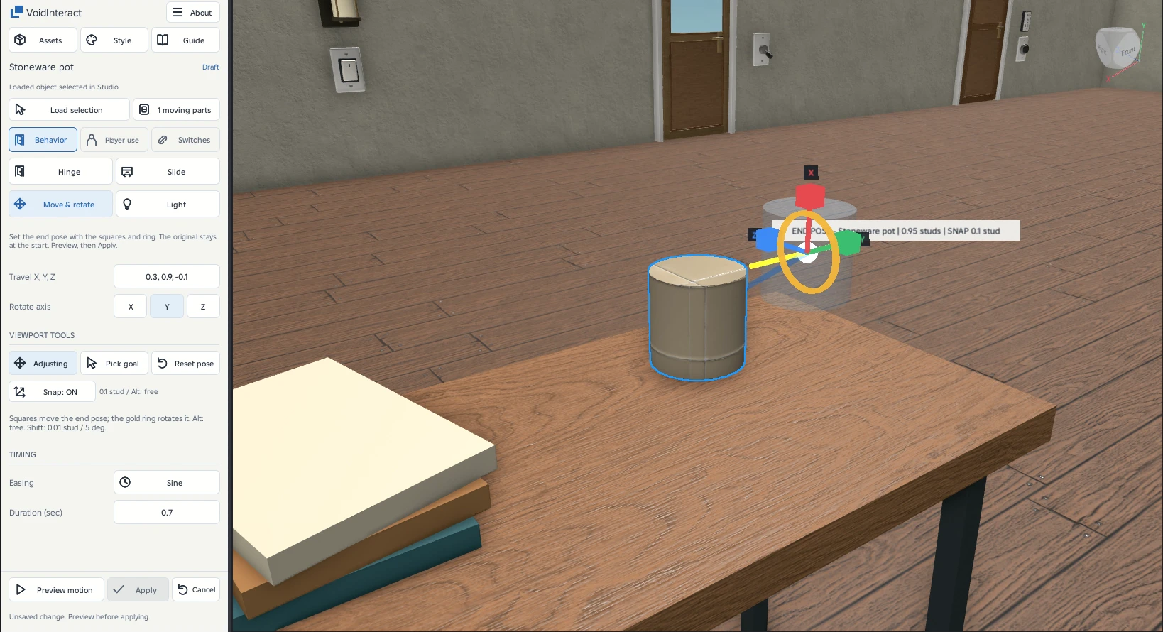 Move & rotate positions the cup’s ending pose. The original stays on the worktop. The translucent copy and colored controls show the proposed destination.