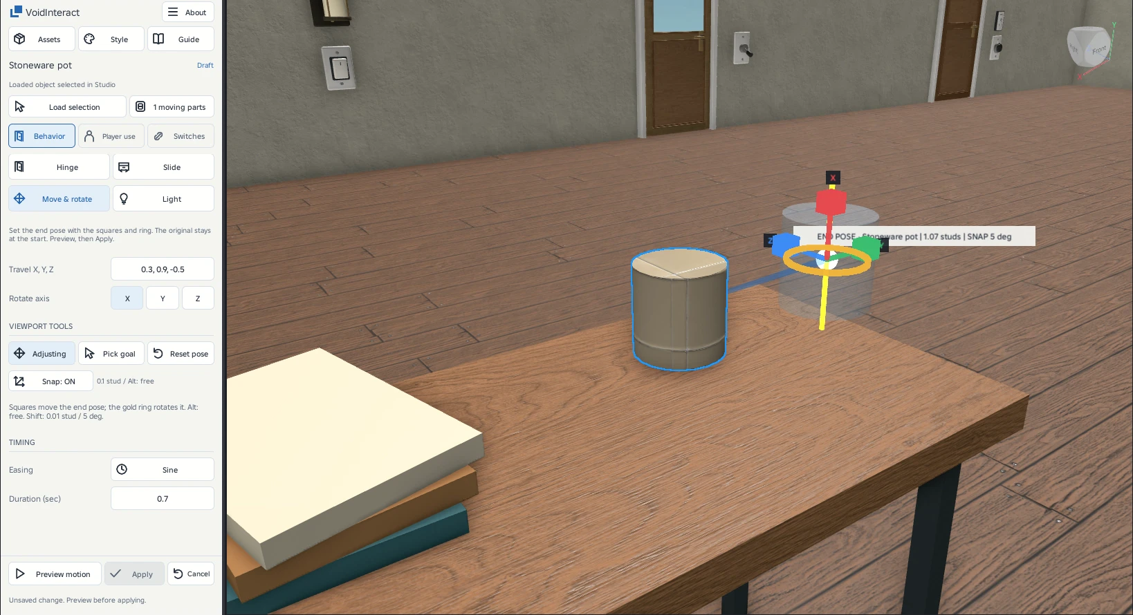 Choose a local axis, then use the gold ring to rotate the ending pose. A rotated model’s local axes may differ from the direction across your screen.
