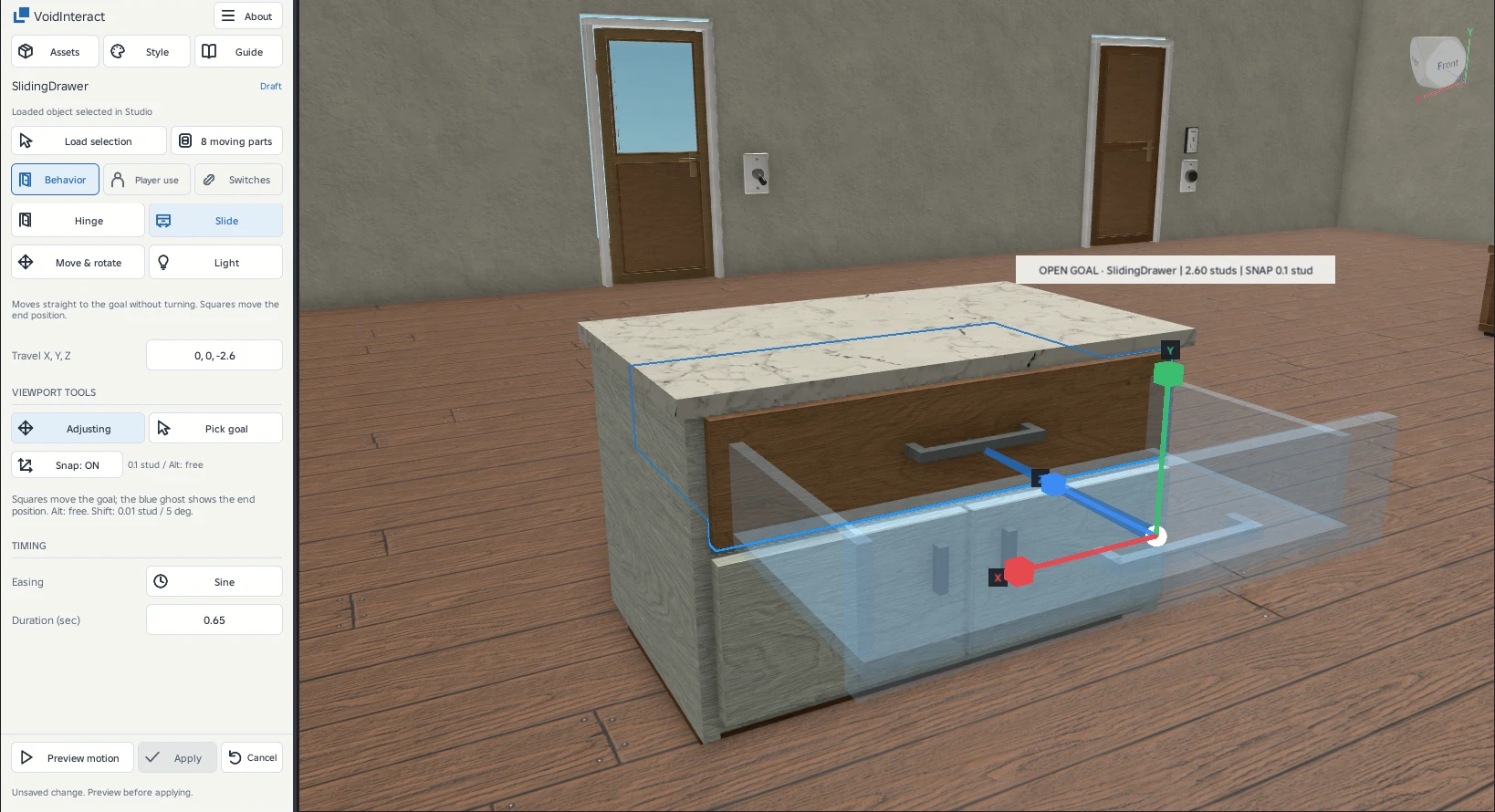 The drawer ghost marks the proposed open destination. Keep the cabinet carcass outside the moving group and leave room in front of the tray.