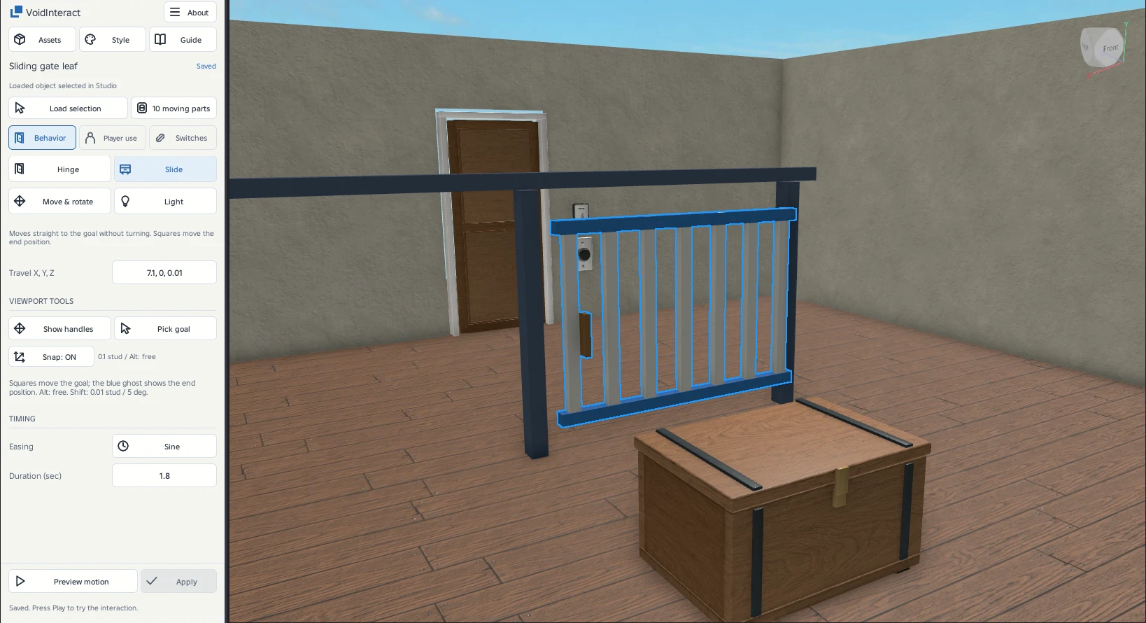 Keep the posts and top rail fixed. Group the slatted leaf, then move its Slide destination into the free space beside the opening. Preview before Apply.