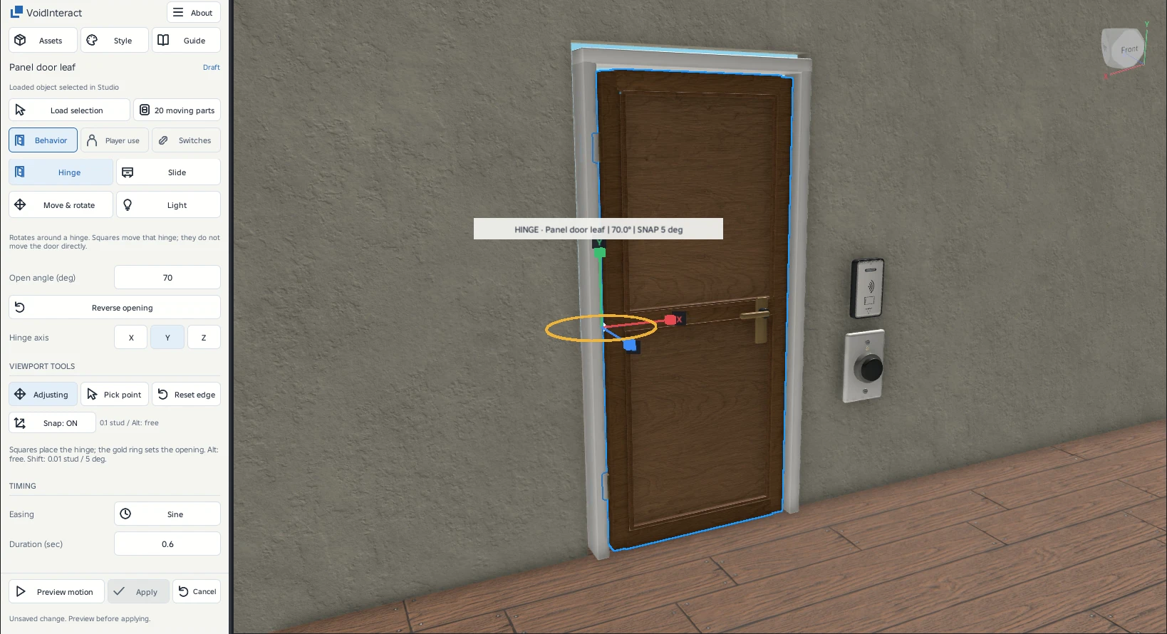 The gold ring adjusts the opening angle. Hold Shift for 5° steps. Red X, green Y, and blue Z squares position the hinge. They do not drag the door to its destination.