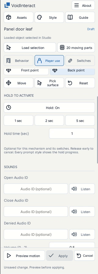 Enable Hold, choose a preset or enter a duration, and review front and back prompt placement for two-sided doors.