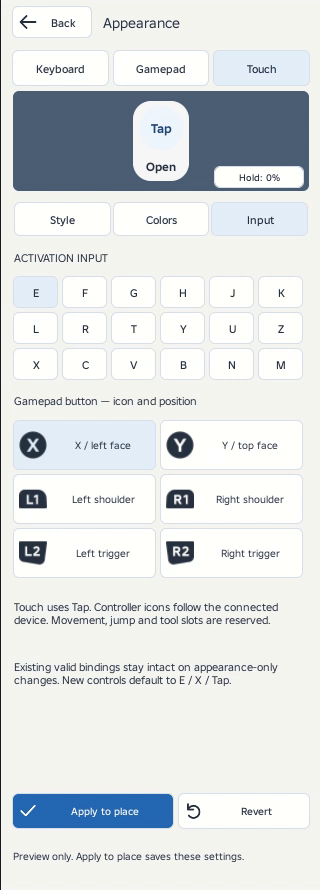 Keyboard, Gamepad, and Touch previews share the saved appearance. Supported bindings appear below the preview. Controller symbols depend on the connected device.