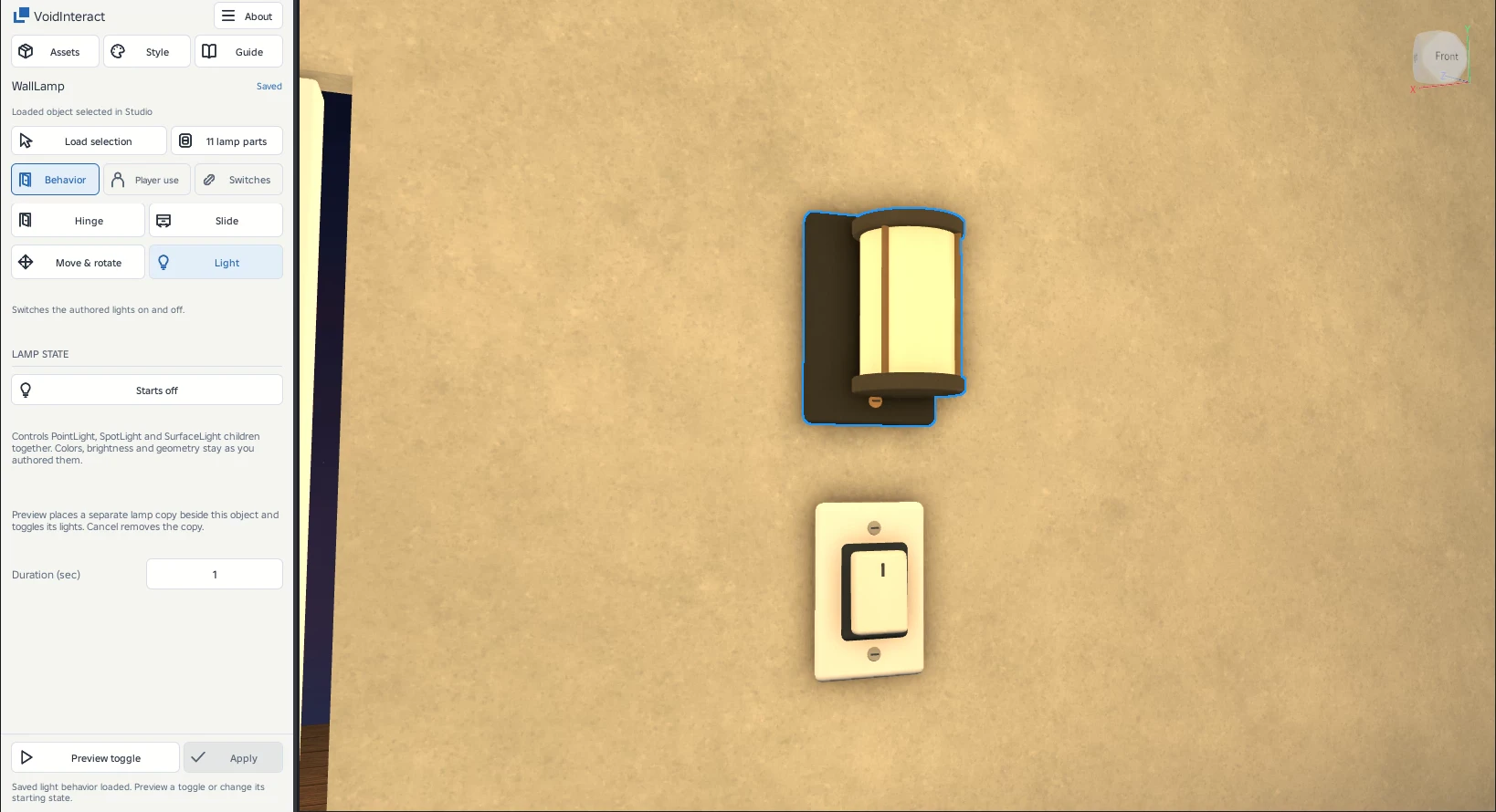 The saved rocker visibly changes position as the lamp changes state. Disable direct activation on the lamp when players should use only its linked wall switch.