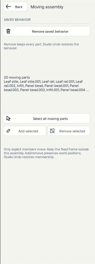 The moving-member list includes the door leaf and its details. The surrounding frame remains outside the moving Model.