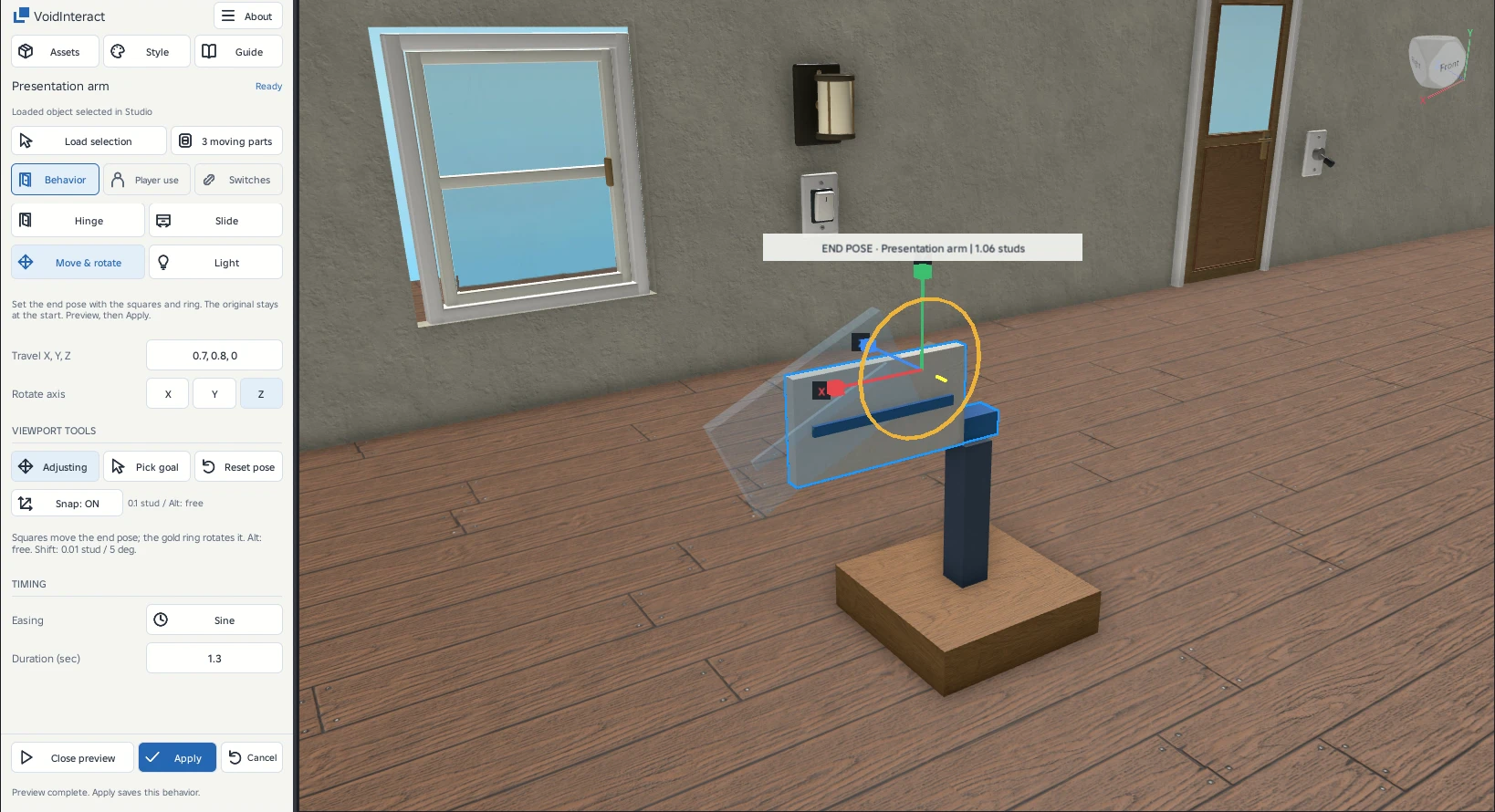 A separate moving arm combines translation with rotation. This is one rigid assembly between two poses. It does not solve articulated joints or multiple waypoints.