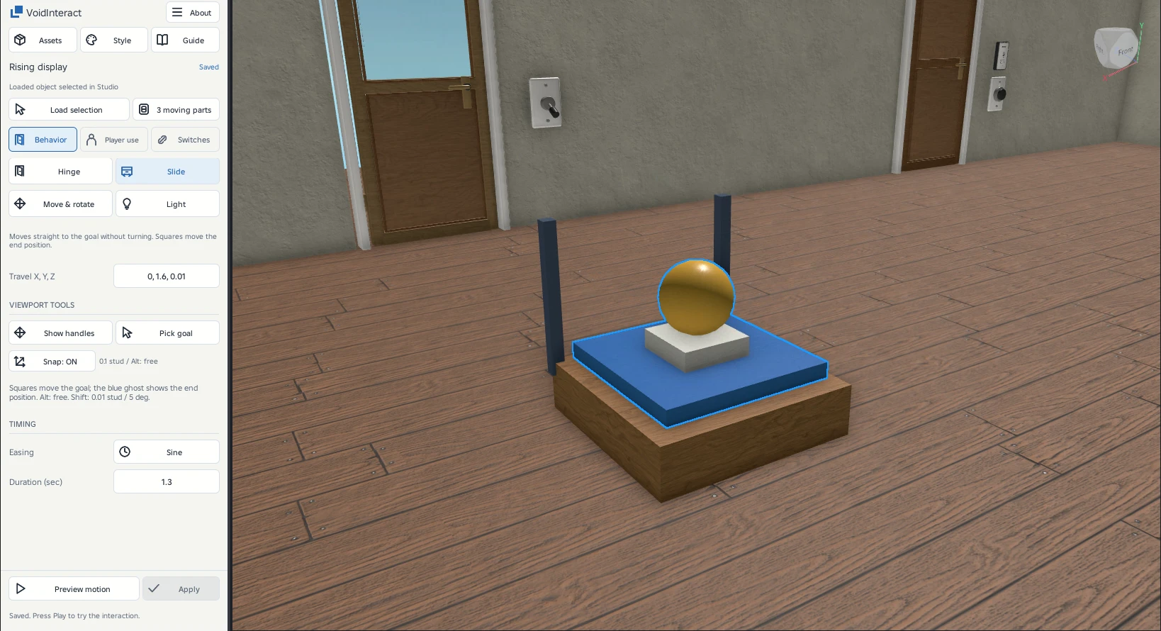 Group the platform and display object together, leaving the plinth and guide columns fixed. Slide moves the group upward. This is a display mechanism, not a player-carrying lift.