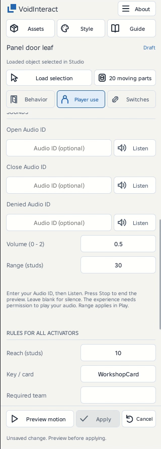 Open, Close, and Denied audio accept your own permitted IDs. Listen and Stop audition the selected effect. Empty fields remain silent.