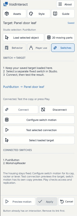 The target stays loaded while you select a separate switch. Connect links that control to the saved mechanism. Test connection previews the target.
