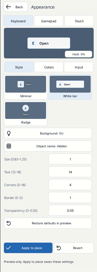 The current chooser contains Minimal, White bar, and Badge. Compare their spacing and shape in the pinned live preview.