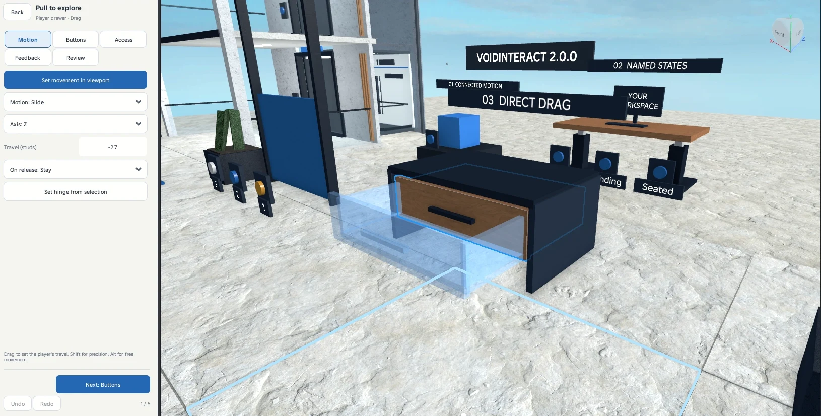 Set the drawer travel with the viewport handles. Keep the cabinet outside the moving Model.