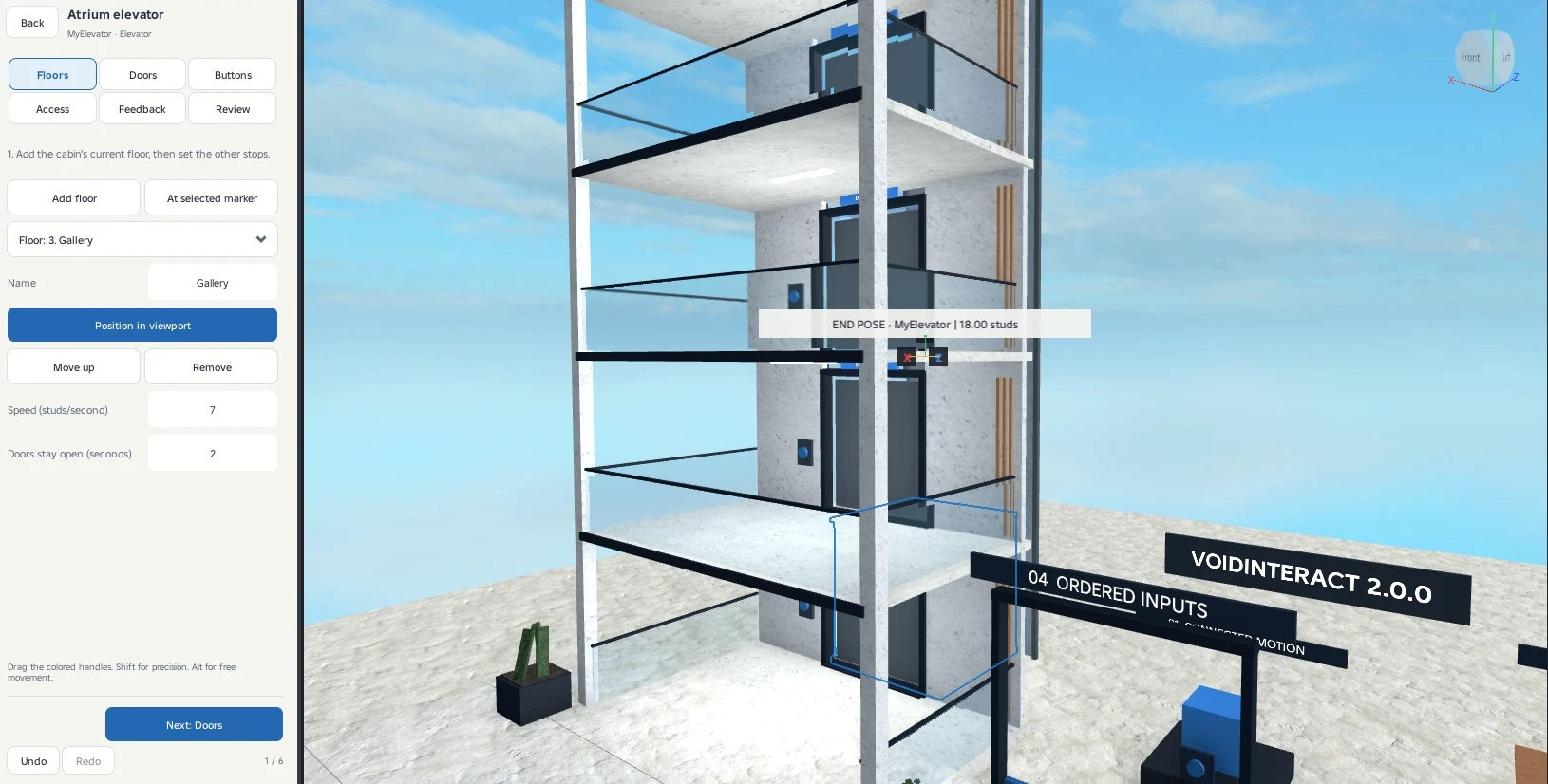 Name each floor and place its stop with the viewport handles.