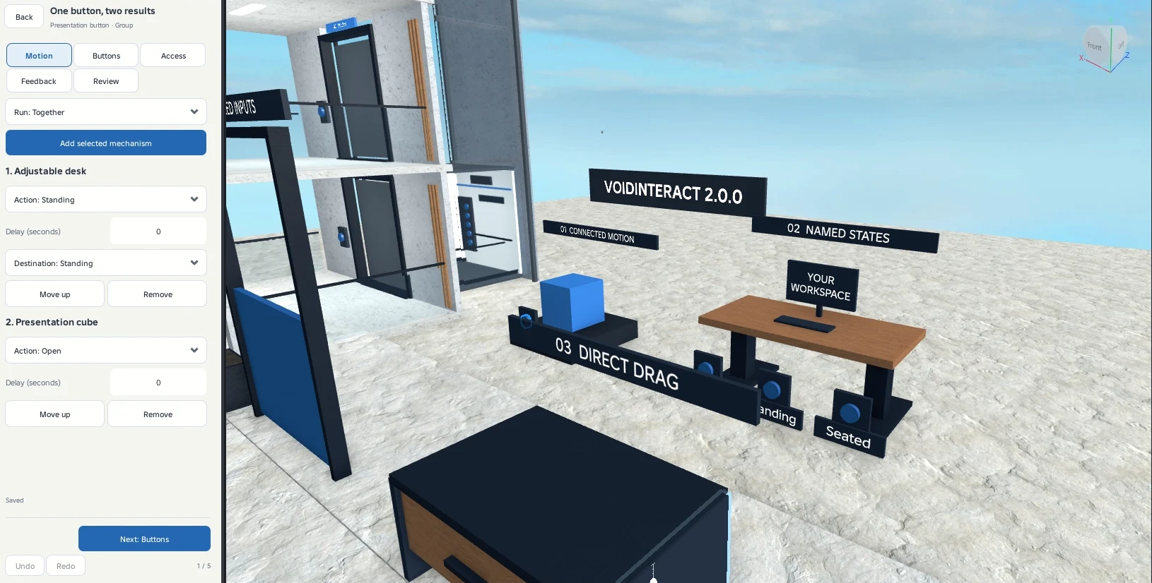 One control can activate several saved mechanisms together or in sequence.